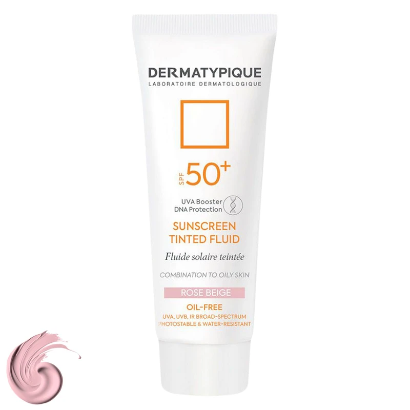 فلوئید ضدآفتاب رنگی درماتیپیک، 50 SPF، مدل TINTED FLUID، مناسب پوست مختلط تا چرب تنالیته رنگ خیلی روشن و حجم 50 میلی‌لیتر، محافظت کننده در برابر اشعه UVA، UVB، IR، ضد آب، فاقد چربی، محافظ DNA سلولی، تنظیم کننده چربی و ضد پیری پوست، با ماندگاری 2 ساعته