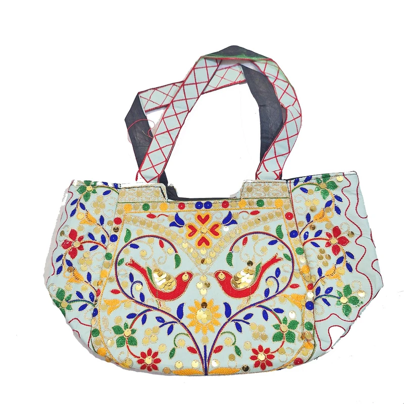 کیف دوشی دست دوز زنانه مدل گل و مرغ سوزندوزی آینه کاری