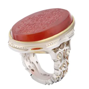 انگشتر نقره مردانه بازرگانی میلادی مدل تاج خطاطی و ان یکاد سنگ عقیق یمنی کهنه کد AM_2780