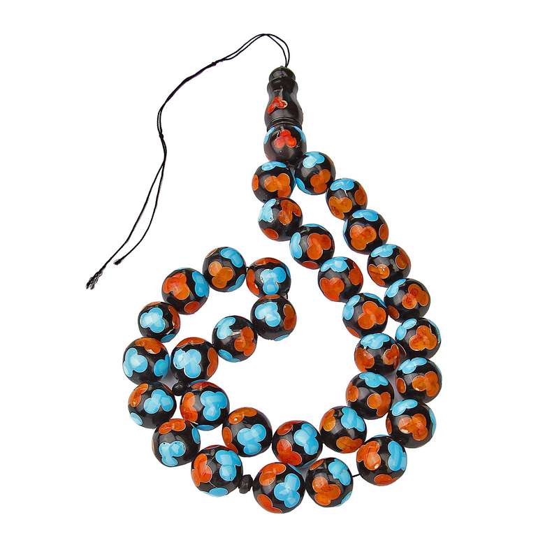 تسبیح بازرگانی میلادی مدل دست ساز کشکول میناکاری کهربا کد T_370