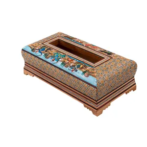 جعبه دستمال کاغذی خاتم کاری کروبی طرح شکار کد 2