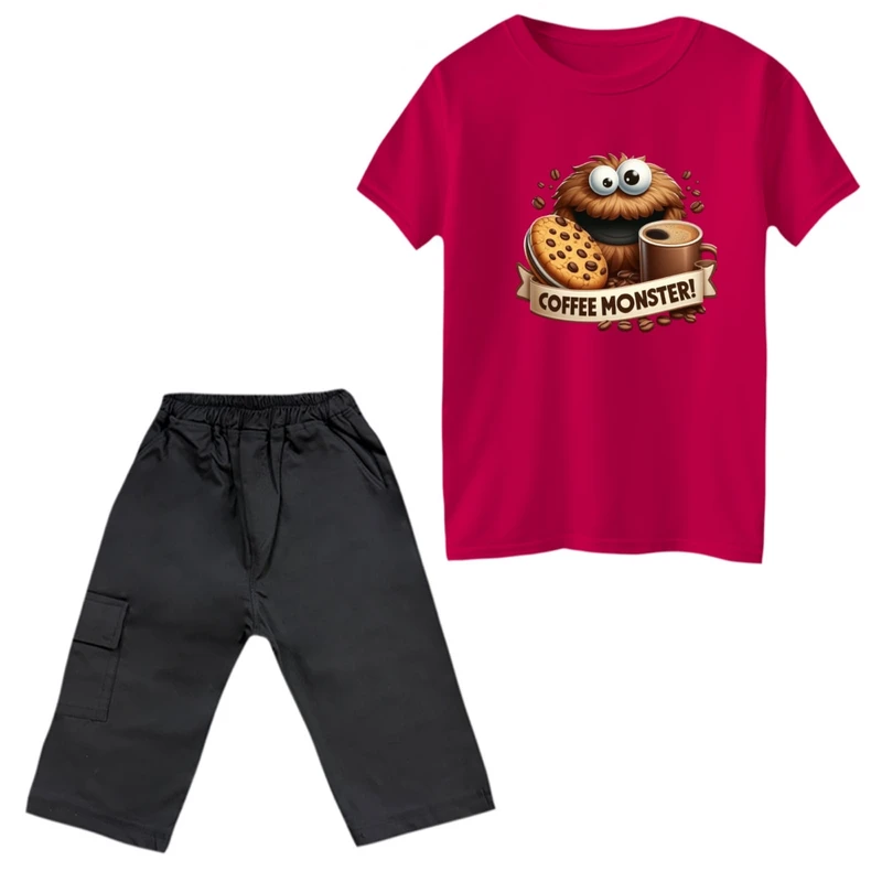 ست تی‌شرت و شلوارک پسرانه مدل قهوه و هیولا