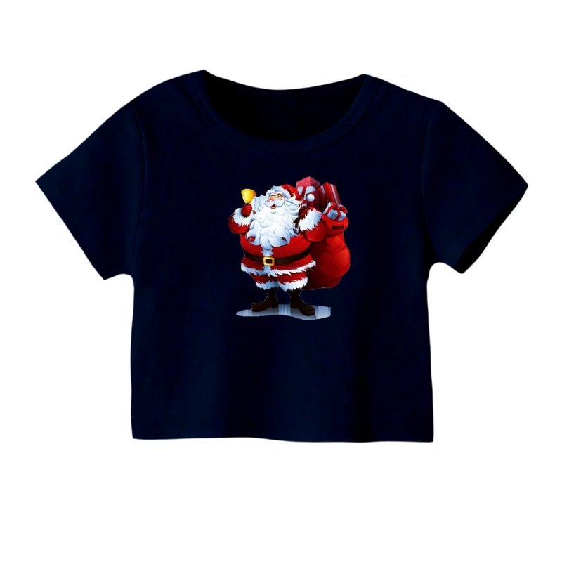 کراپ‌ تی‌شرت آستین کوتاه زنانه مدل بابانوئل کریسمس کد 2 رنگ سورمه ای