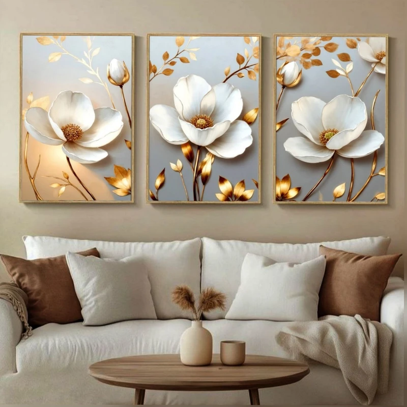 تابلو مدل دکوراتیو کد 6055 فریم طلایی مجموعه 3 عددی