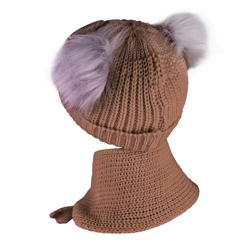 ست کلاه و شال گردن بافتنی بچگانه مدل عروسکی داخل خز رنگ کرم