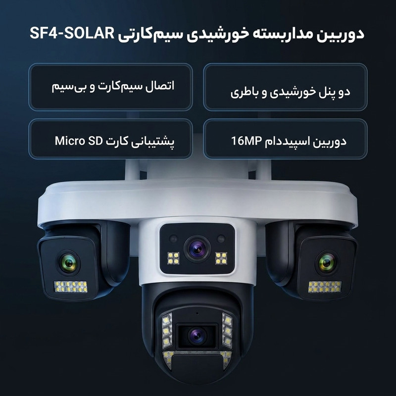 دوربین مداربسته تحت شبکه مدل SF4-SOLAR TA4 T4LENSE 16MP، با دو پنل خورشیدی و باتری داخلی