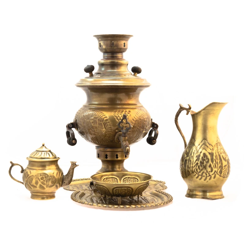 سرویس سماور ذغالی 5 پارچه برنجی مدل قلم کاری کد H-1268