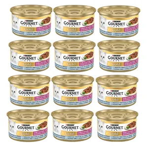 کنسرو گربه گورمت مدل خورشتی طعم ماهی و اسفناج وزن 85 گرم بسته 12 عددی