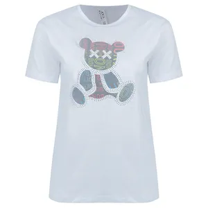 تی شرت آستین کوتاه زنانه مدل نگین دار شبرنگی کد 20850 رنگ سفید