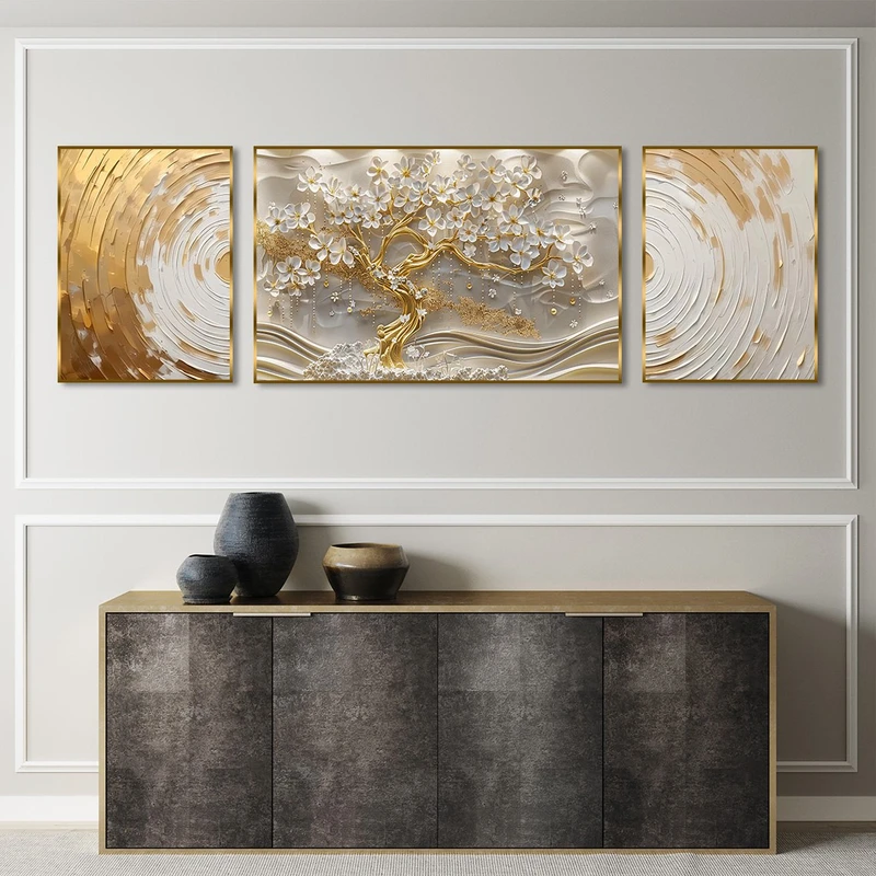 تابلو طرح شکوفه مدل سلطنتی کد AB03 فریم طلایی مجموعه 3 عددی