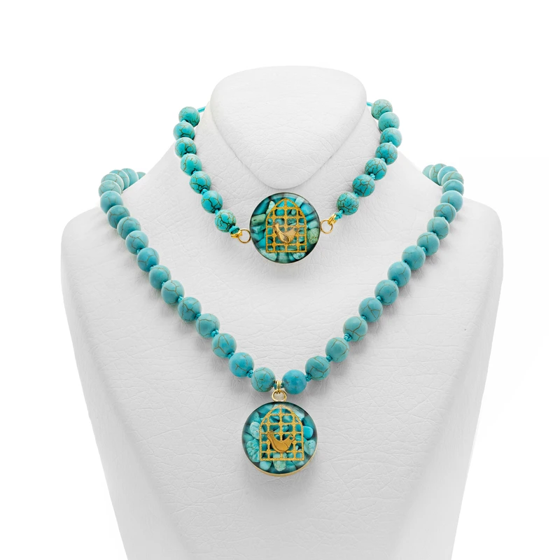 ست دستبند و گردنبند دست ساز زنانه آلتین هنر مدل سنگ و روکش طلا مرغ آمین