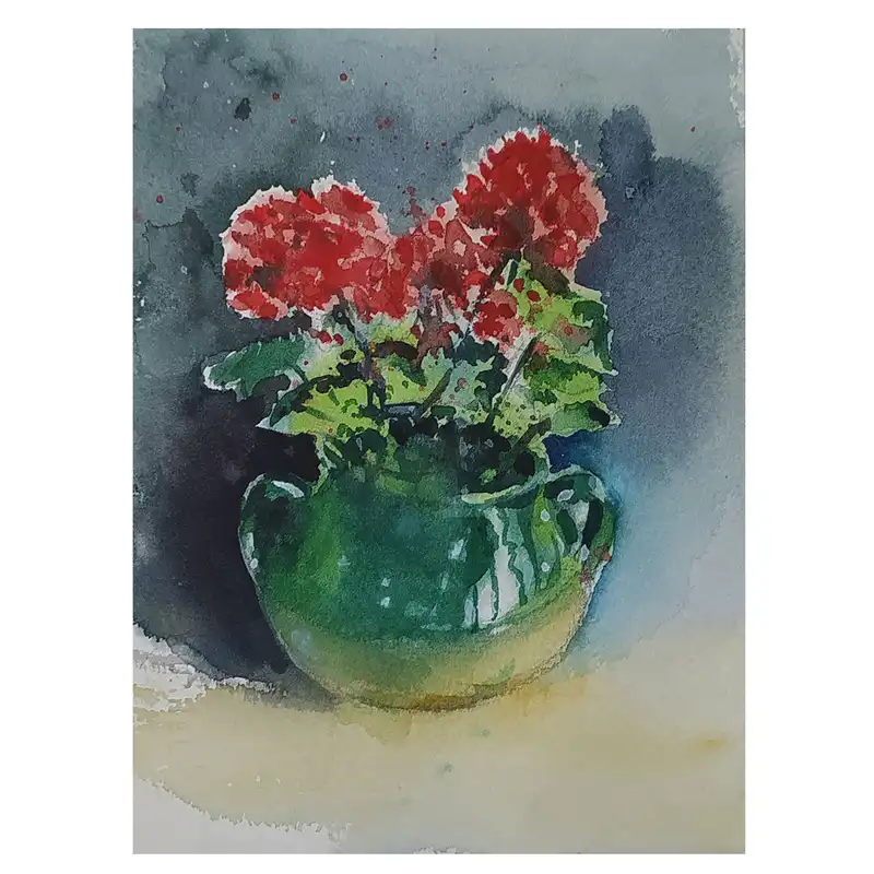 نقاشی آبرنگ طرح گلدان شمعدانی کد 30