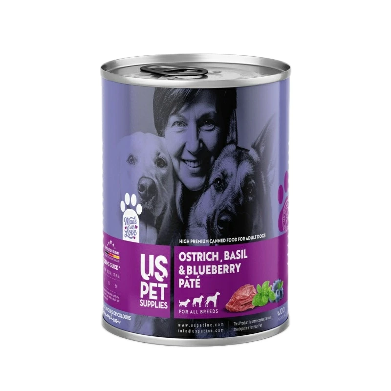 کنسرو غذای سگ یو اس پت مدل های پریمیوم طعم شترمرغ، ریحان و بلوبری وزن 800 گرم