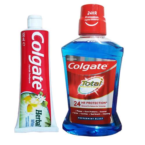 خمیر دندان کلگیت مدل Herbal White حجم 100 میلی لیتر به همراه دهانشویه کلگیت مدل Total حجم 500 میلی لیتر