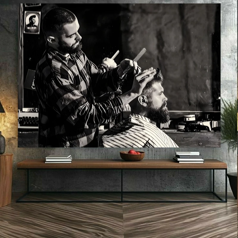 پوستر پارچه ای مخمل طرح آرایشگری مدل سیاه سفید کد BK23340