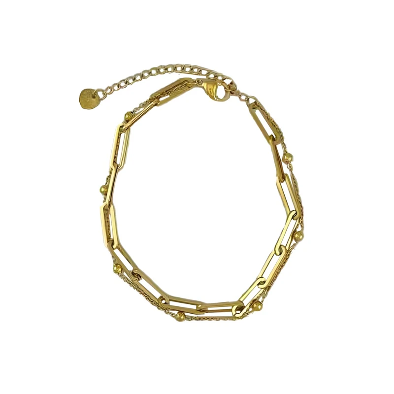 دستبند زنجیری زنانه مدل دو لاین طرح پیپرکلیپ و زنجیر توپی