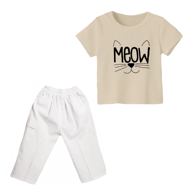 ست تی شرت و شلوارک دخترانه مدل گربه کد ۱۰