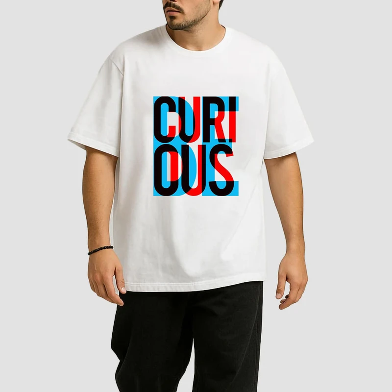تی شرت باکسی مردانه طرح حروف مدل be curi ous