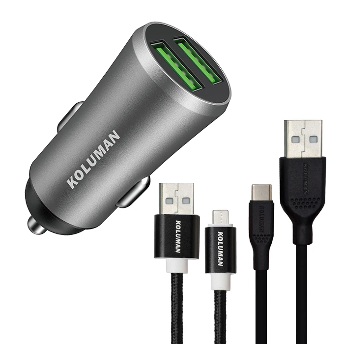 شارژر فندکی کلومن مدل KC - C04 به همراه کابل MICRO USB و USB-C