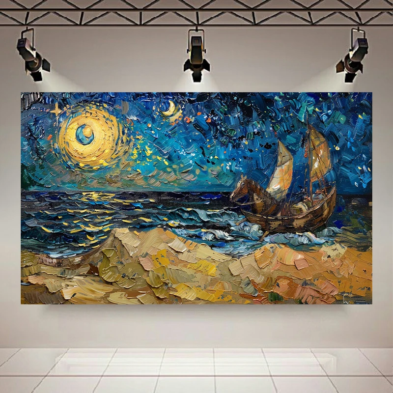 تابلو بوم طرح مخمل ساحل مدل ماه نورانی کد AR302361