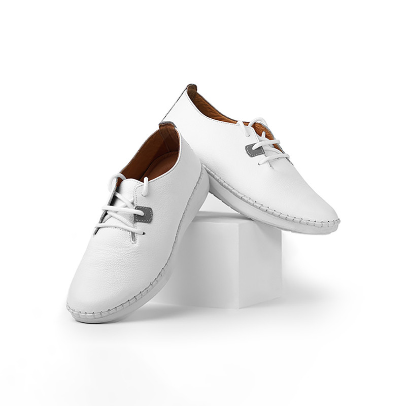 کفش روزمره زنانه مدل آنیس بندی تمام چرم رنگ سفید