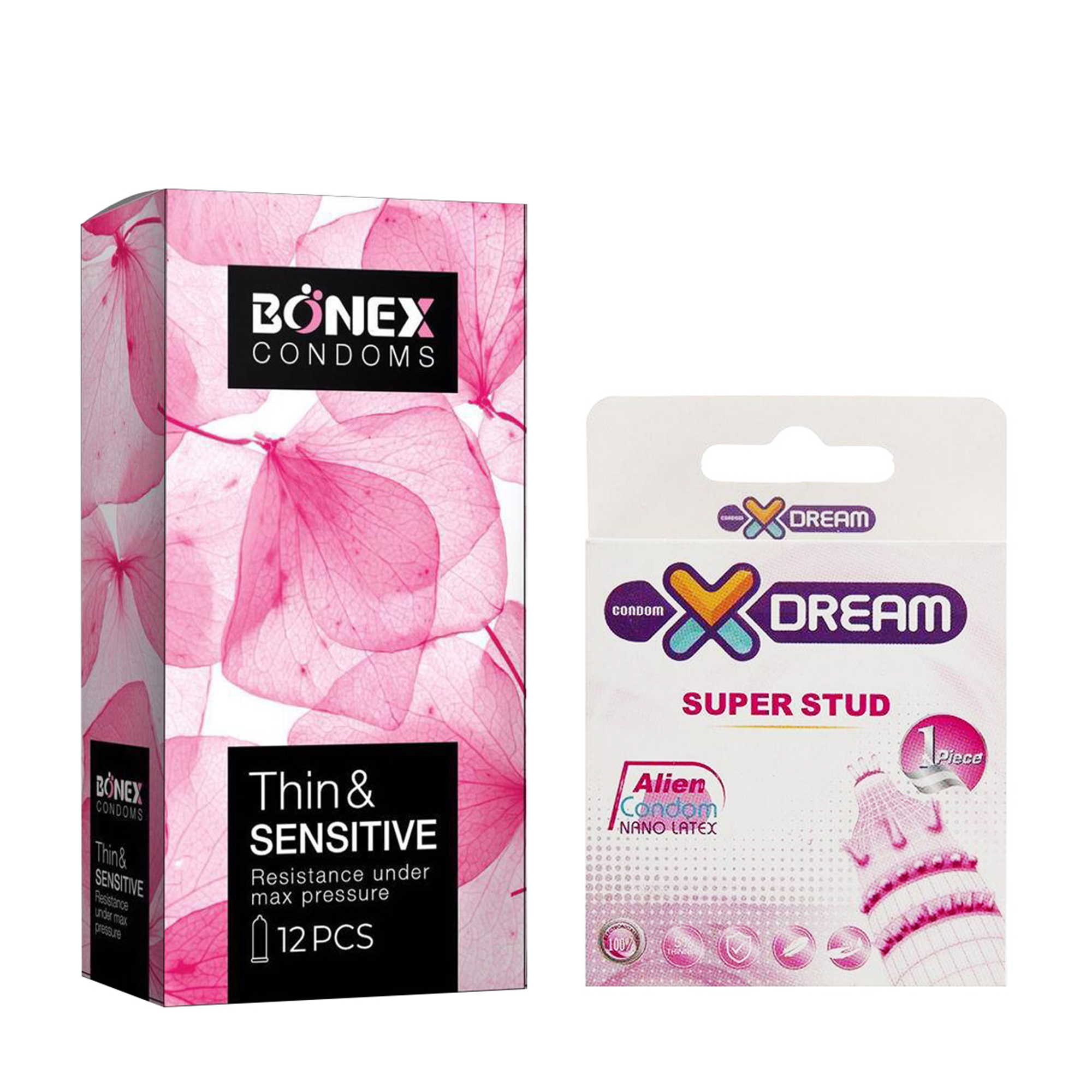 کاندوم بونکس مدل Thin & Sensitive بسته 12 عددی به همراه کاندوم ایکس دریم مدل Super Stud