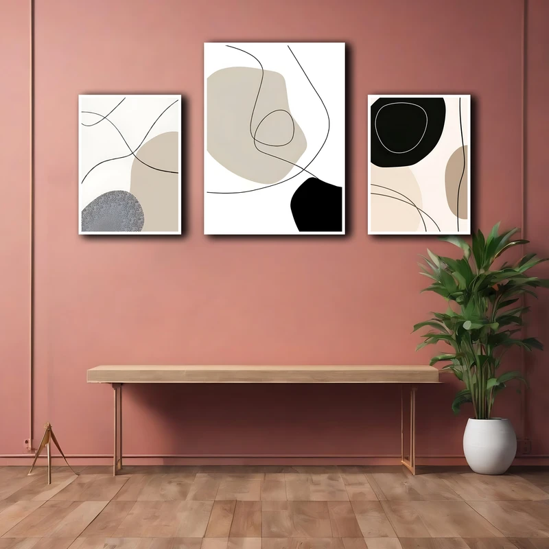 تابلو بکلیت مدل قاب شاسی طرح دکوراتیو مینیمال و هنری کد W-MR-1119  فریم سفید مجموعه 3 عددی