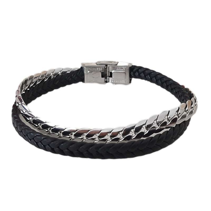 دستبند مردانه مدل کارتیر استیل چرم بافت کد 9900 دستبند مردانه مدل کارتیر استیل چرم بافت کد 9900