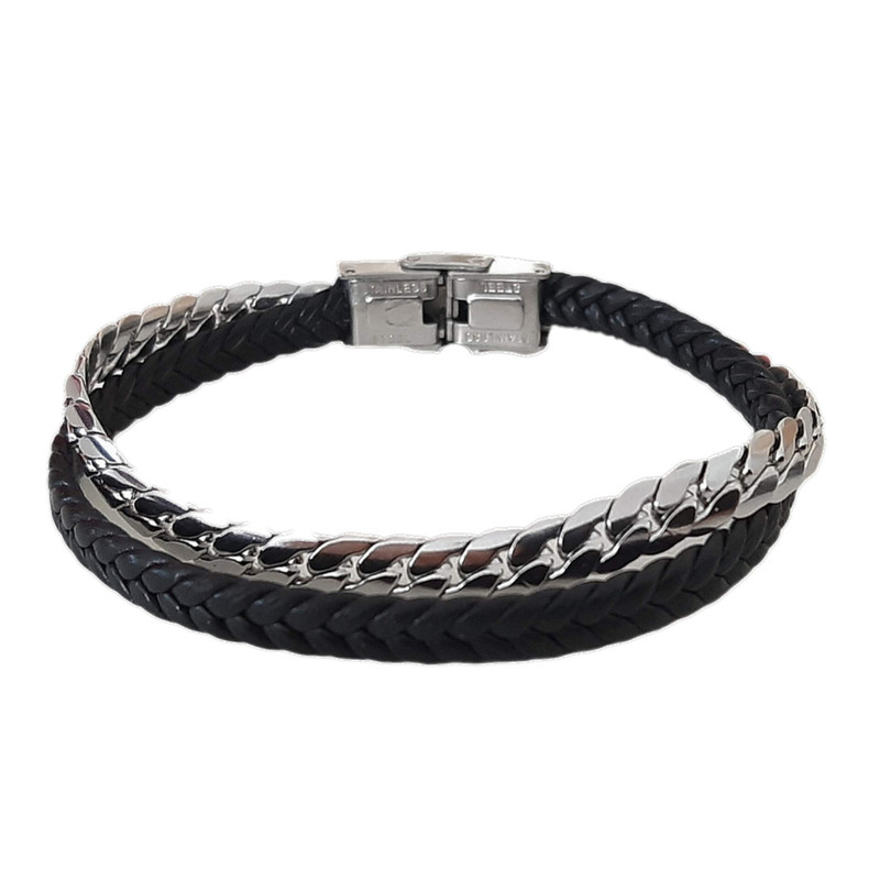 دستبند مردانه مدل کارتیر استیل چرم بافت کد 9900 دستبند مردانه مدل کارتیر استیل چرم بافت کد 9900