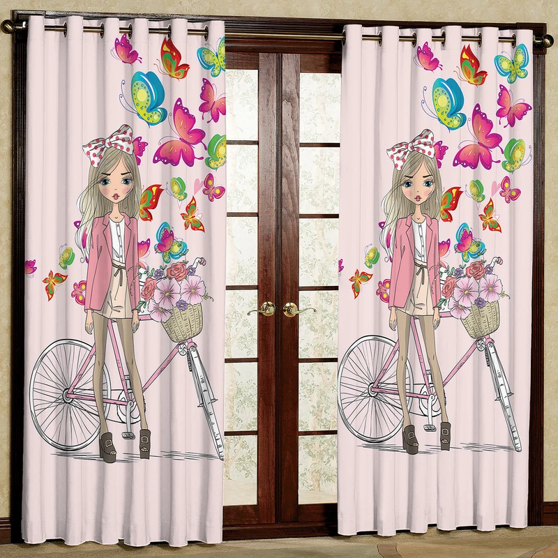 پرده مدل دختر و دوچرخه مخمل پانچی کد 335L سایز 140x280 سانتی متر
