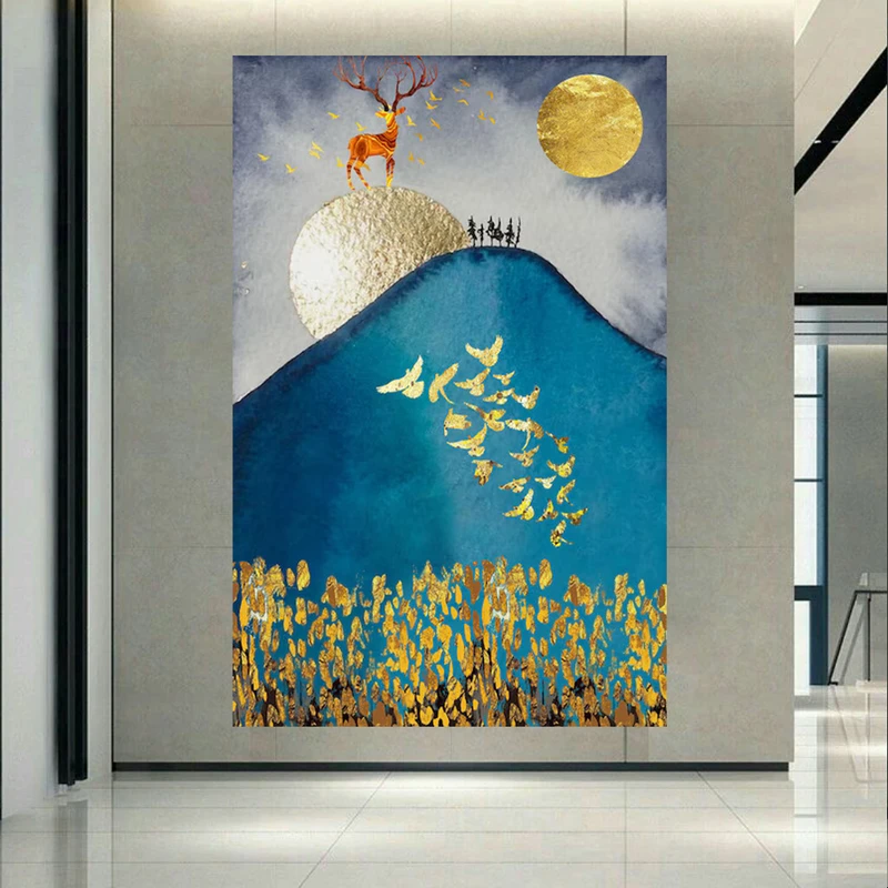 پوستر طرح نقاشی رنگ روغن ماه طلایی مدل گوزن و کوهستان کد AR303587