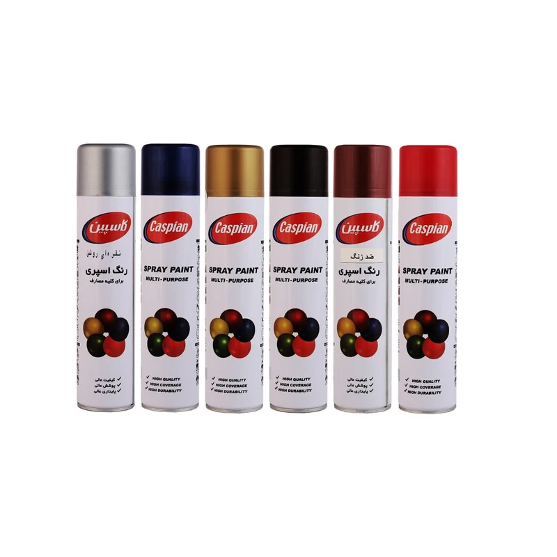 اسپری رنگ مشکی و طلایی و سرمه ای و نقره ای و قرمز آتشین و ضد زنگ اخرایی کاسپین مدل Cas6 حجم 300 میلی لیتر مجموعه 6 عددی