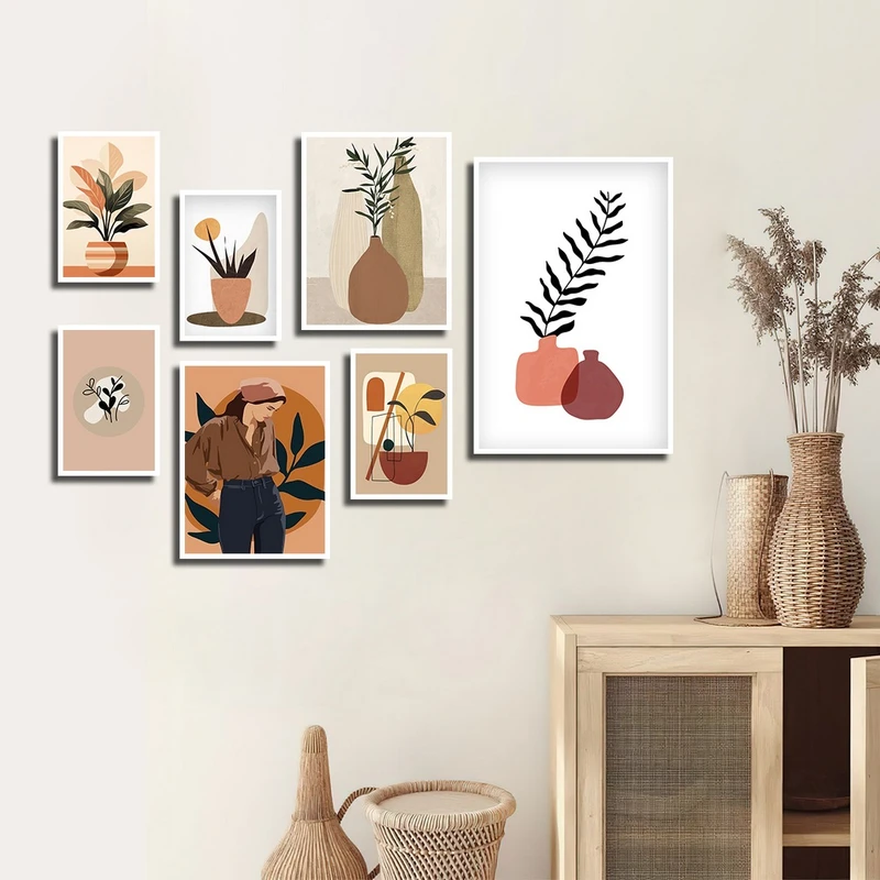 تابلو بکلیت طرح نقاشی مینیمال و چهره مدل W-3880 فریم سفید مجموعه 7 عددی