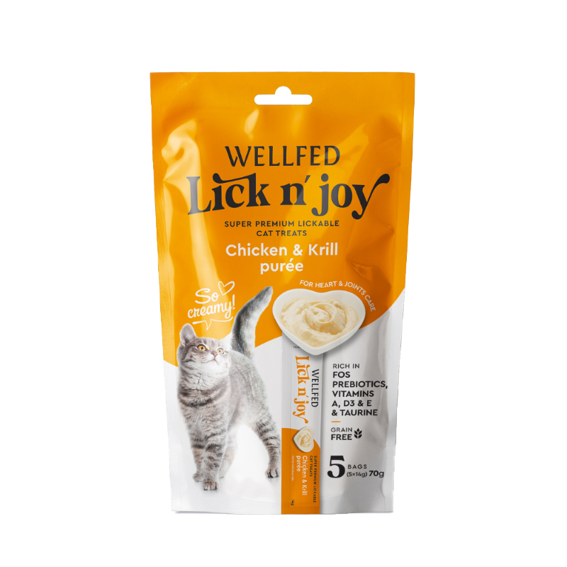 تشویقی گربه ولفد مدل تقویت پوست و مو طعم مرغ و کریل بسته 5 عددی