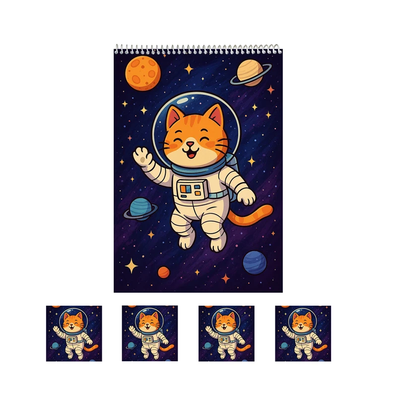 دفتر نقاشی فانتزی 50 برگ مدل گربه فضانورد کد 1 به همراه برچسب مجموعه 5 عددی