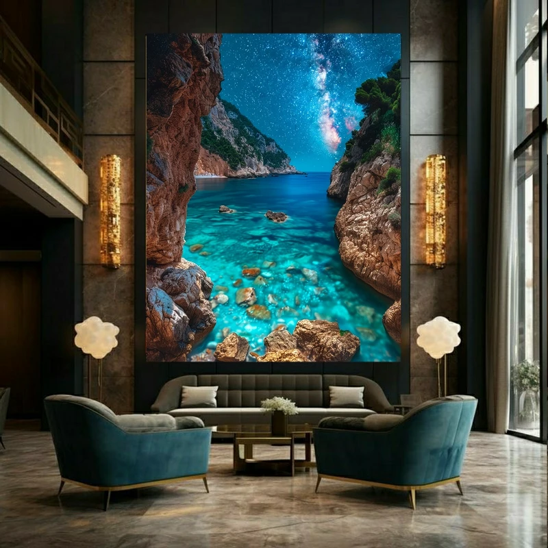 تابلو بوم طرح مخمل ساحل صخره ای مدل شب درخشان کد FP105558