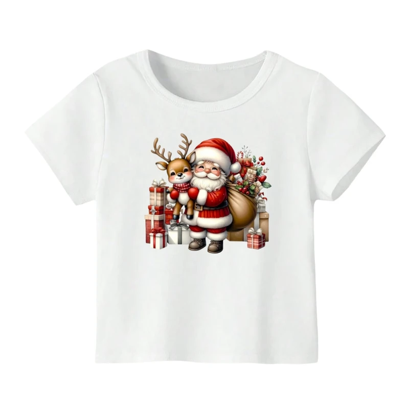 تی شرت آستین کوتاه بچگانه مدل بابانوئل و گوزن کریسمس کد 12 رنگ سفید