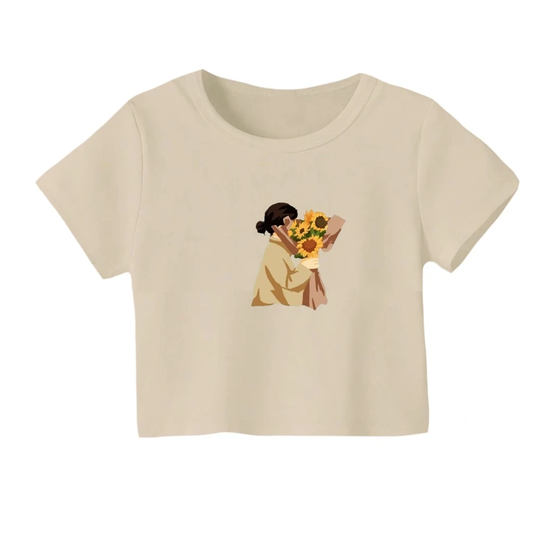 کراپ‌ تی‌شرت آستین کوتاه زنانه مدل گل و دختر