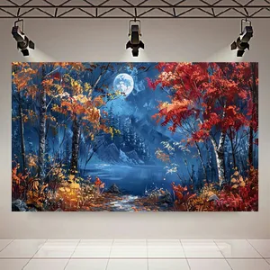  پوستر طرح مخمل نقاشی منظره جنگل مدل پاییزی در شب کد PD130984