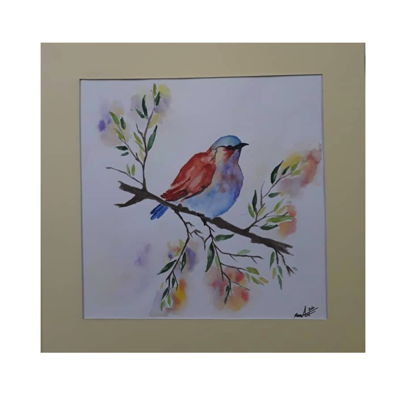 نقاشی آبرنگ مدل گل و پرنده ۰۱
