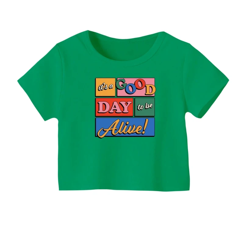 کراپ‌ تی‌شرت آستین کوتاه زنانه مدل نوشته رنگی رنگ سبز 