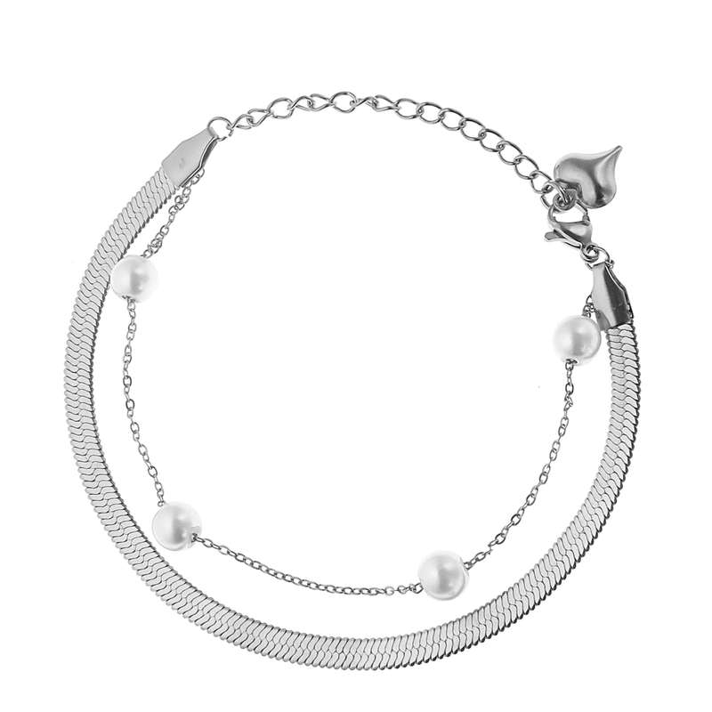 دستبند زنانه مدل زنجیر ماری با زنجیر مرواریدی آویز قلب