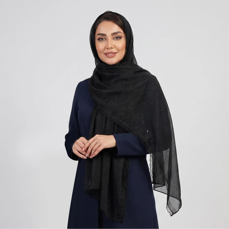 شال حریر زنانه مدل لمه طرح حاشیه گیپور و نگینی با طول و عرض 75 × 180 سانتی‌متر