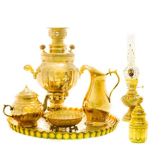 سرویس سماور ذغالی 7 پارچه برنجی مدل عدسی ترک دار کد 4428