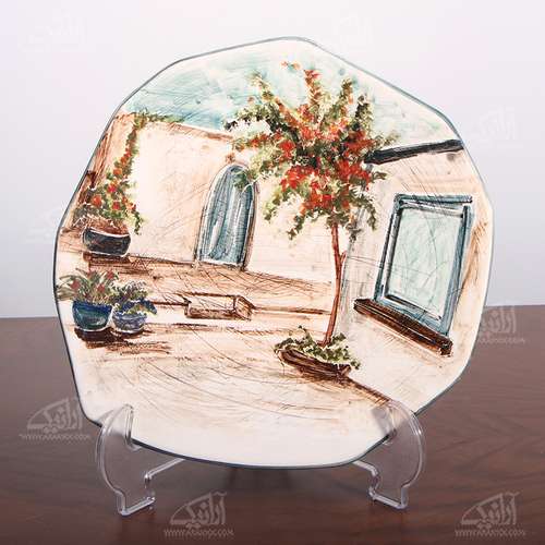 بشقاب سفالی آرانیک نقاشی زیر لعابی رنگارنگ‏ طرح ‏تک درخت‏ مدل 1000200046