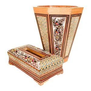 ست جعبه دستمال کاغذی و سطل خاتم کاری چوبی صنایع دستی فاخر مدل ممتاز طرح گل و مرغ برجسته کد Br2926