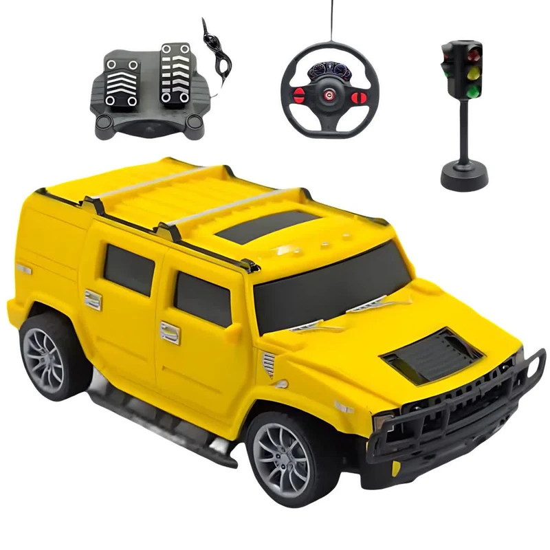 ماشین بازی کنترلی ناب سل مدل هامر شارژی پدال دار فرمانی چراغ دار همراه با چراغ راهنمایی  Rechargeable hammer yl with pedals, illuminated steering wheel and traffic lights