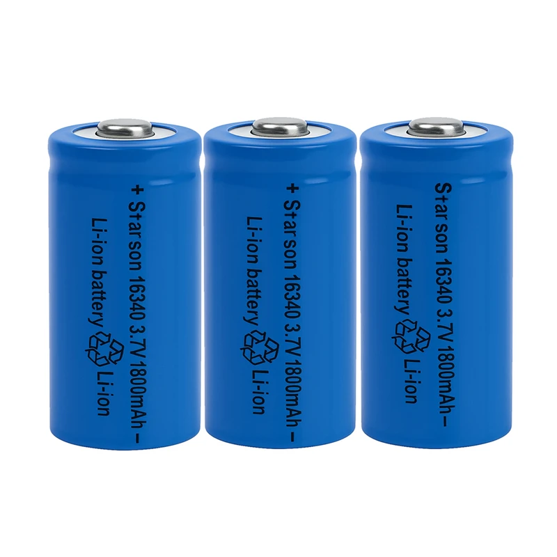 باتری لیتیوم یون قابل شارژ استارسان مدل 16340 کد 3.7V ظرفیت 1800 میلی آمپر ساعت بسته 3 عددی