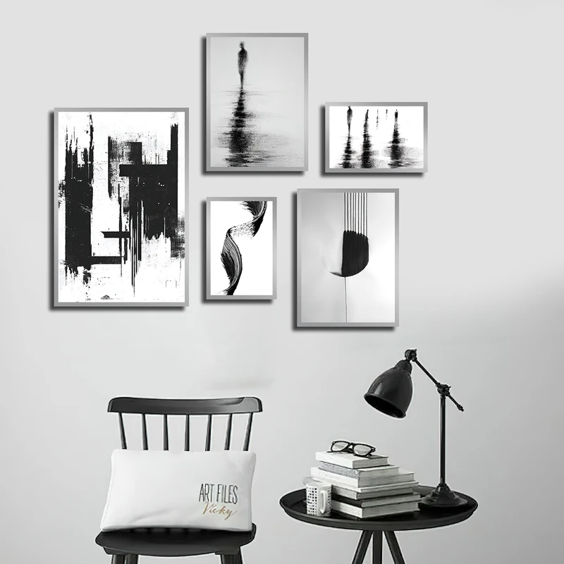 تابلو بکلیت طرح نقاشی مدرن و خطوط مدل SI-3517 فریم نقره ای مجموعه 5 عددی