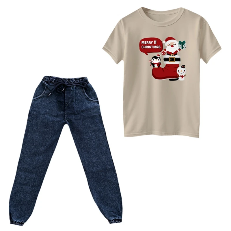 ست تی‌شرت و شلوار پسرانه مدل پنگوئن کریسمس کد 3